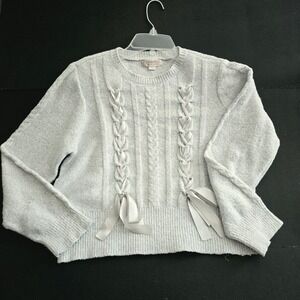 Forward  Cottage Cable Knit Sweater XL Gray EUC Ribbon Lace Up Bows Pullover
